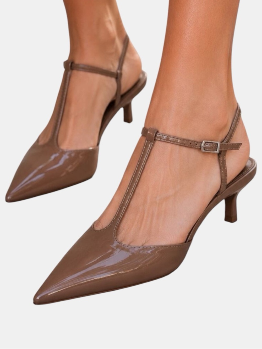 Zara Taupe Brown Patent T-Strap Slingback Heels